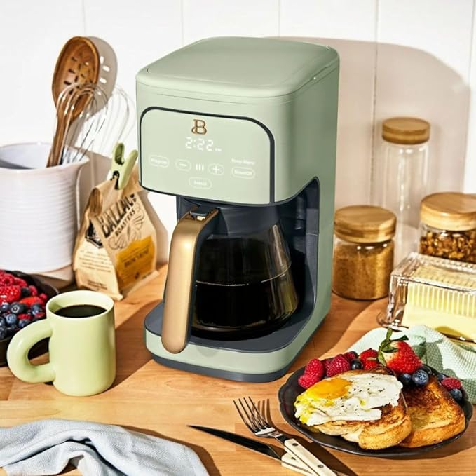 Beautiful 12-Cup Programmable Coffee Maker with Touch Activated Display, Auto Brew Timer, Reusable Filter & Large Glass Carafe (Sage Green)