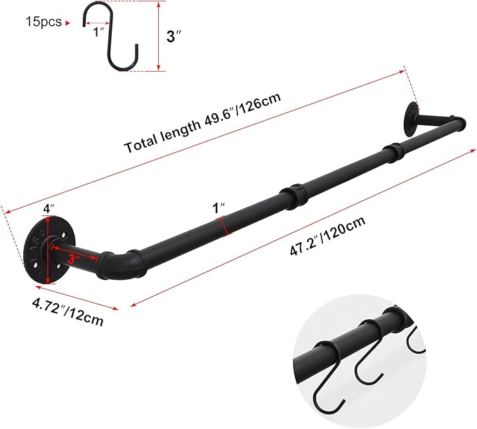 TLBTEK 50 inch Black Pipe Pot Bar Rack Wall Mounted Detachable Pans Hanging Rail Kitchen Lids Utensils Hanger Holders with 15 S Hooks