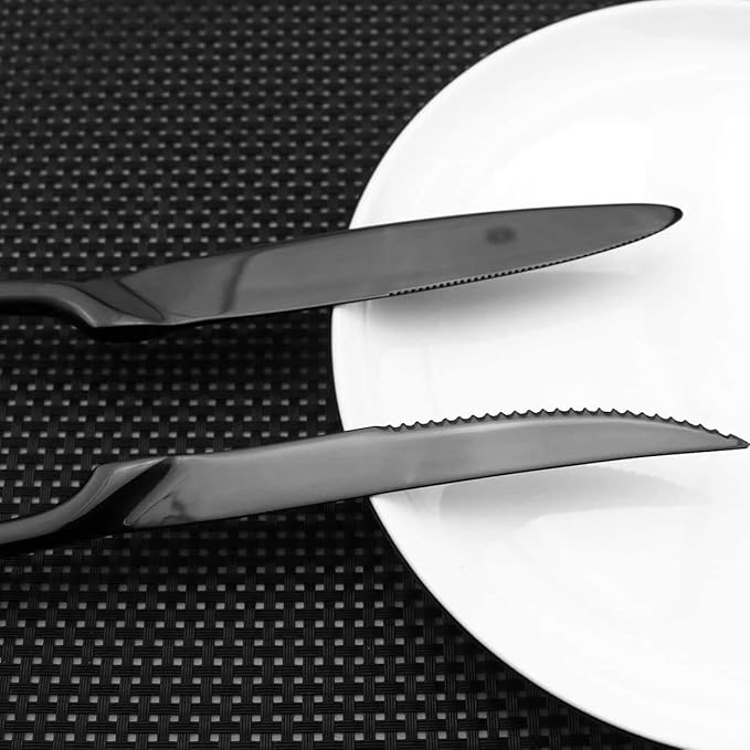 Dark Color Flatware Set 18/10 Stainless Steel Mirror Polished Black Cutlery Set - Silverware Utensil Set of Steak Knife Dinner Fork Knife Spoon Salad Fork Dessert Spoon,6 Piece Service for 1