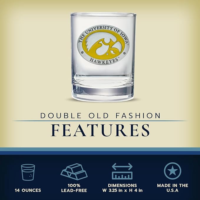 Heritage Pewter University of Iowa Collector's Double Old Fashion Glass | Double Rocks Drinkware 14 OZ | Expertly Crafted Pewter