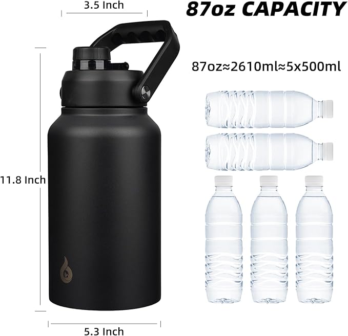 BJPKPK 87oz Insulated Water Bottle, Dishwasher Safe 2/3 Gallon Water Bottle with Ergonomic Handle, BPA Free Leak Proof Water Jug, Stainless Steel Metal Water Bottle with Anti-slip Bottom, Black