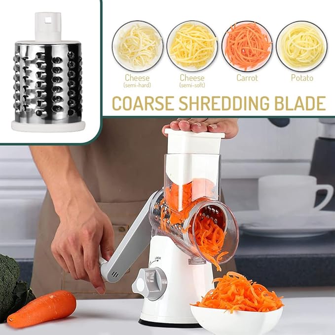 Rotary Cheese Grater with Handle Vegetable Shredder Round Kitchen Slicer Mandoline Grater for Vegetable, Nuts, Chocolate, Chesse, White, 3 Stainless Steel Blades