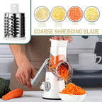 Rotary Cheese Grater with Handle Vegetable Shredder Round Kitchen Slicer Mandoline Grater for Vegetable, Nuts, Chocolate, Chesse, White, 3 Stainless Steel Blades