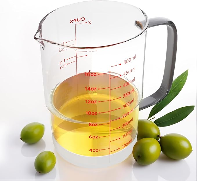 Newness 2-Cup Glass Measuring Cup For Baking and Cooking, (Upgraded, 3 Marking Including Cup/ML/Ounce Scale) Dishwasher, Freezer, Microwave, and Preheated Oven Safe, Essential Kitchen Tools