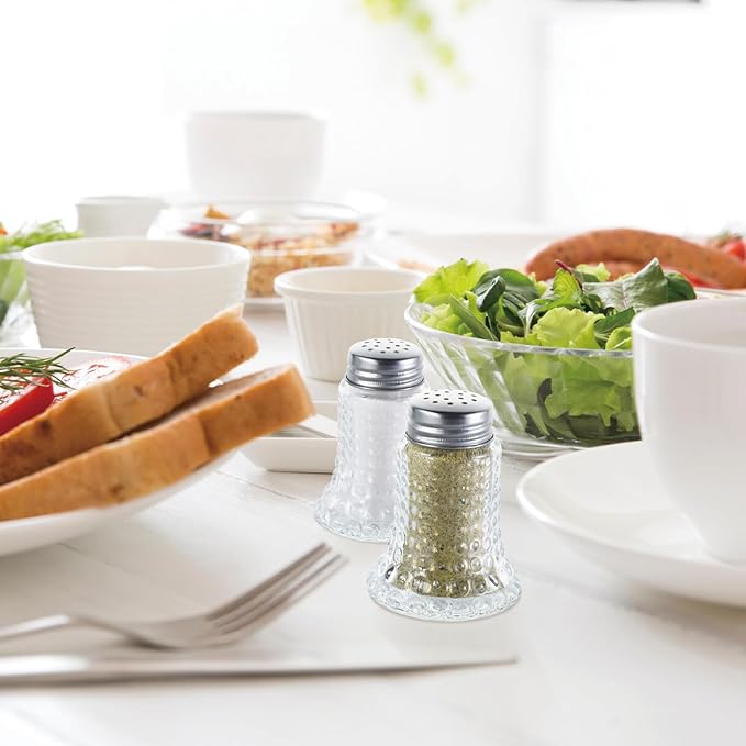 Salt and Pepper Shaker Glass Set, Retro Style Spice Shakers for Dining Room Table, Kitchen, Restaurant, Set of 2 (Hobnail)