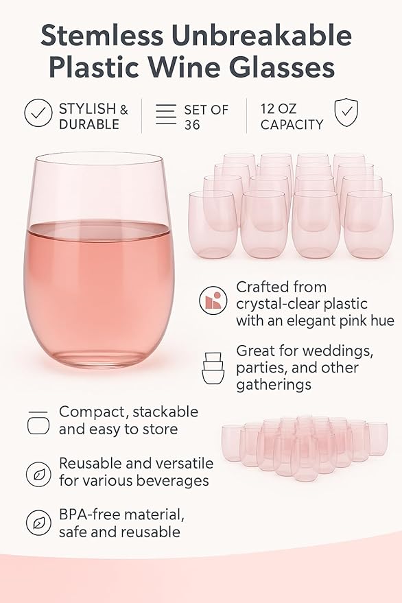 36 piece Stemless Unbreakable Crystal Clear Plastic Wine Glasses Set of 36 (12 Ounces - Pink)