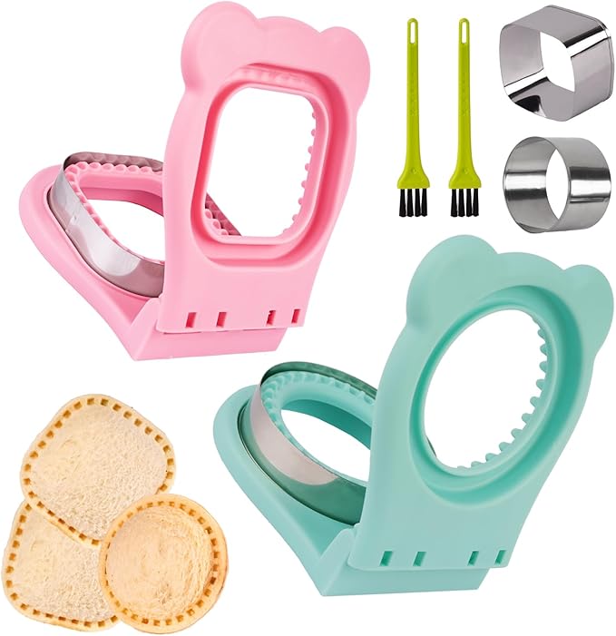 Uncrustables Sandwich Maker Sealer Cutter, Crustless Sandwich Cutter, PB&J Uncrustable Maker - Pink Square Shape + Blue Round Shape