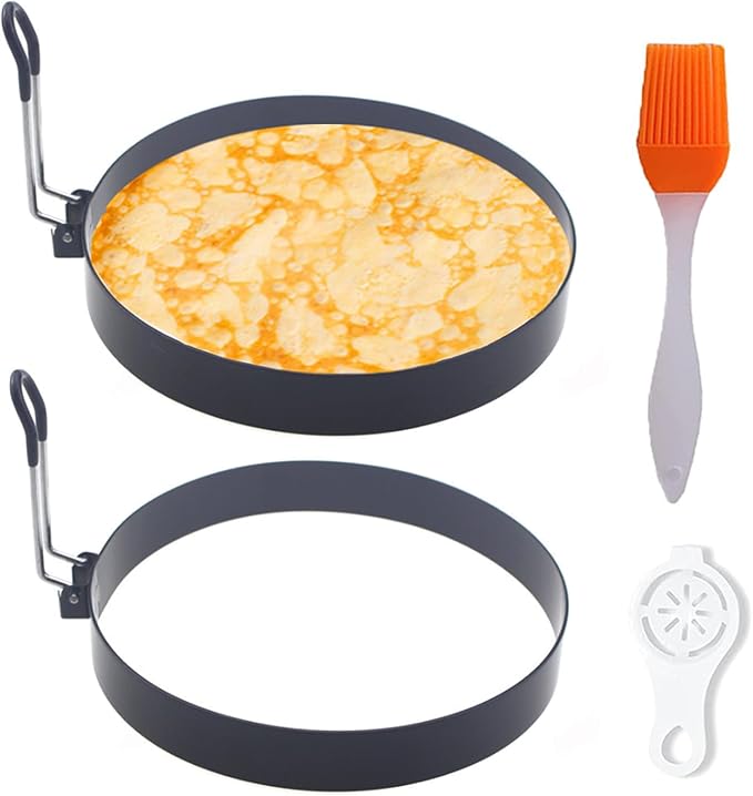 Pancake Ring for Griddle,2 Packs 6 Inch Egg Pancake Maker,Omelette Rings for Griddle,Non-stick Stainless Steel Crumpet Ring,Egg Muffin Rings Fried Egg Ring Pancake Shaper with Sinlicone Handle Grill