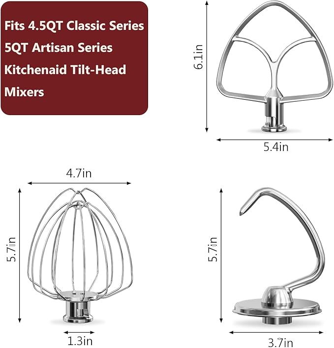 Stainless Steel Attachments 3 Pieces for KitchenAid 4.5-5QT Tilt-Head Stand Mixer and Mixing Bowl,K45WW Wire Whip, K45DH Dough Hook, K45B Flat Beater,Dishwasher Safe and Heavy Duty