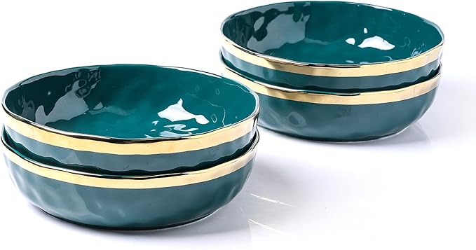 Stone Lain Florian 4-Piece Round Pasta Bowl Set, Green with Gold Rim