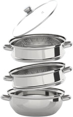 3 Tier Multipurpose Stainless Steel Steaming Pot Cookware, Food Cooking Pan, Cooker Steam Pot Food Cooking + Glass Lid, For Vegetable, Dumpling, Sauce, Encrypted Steaming Holes