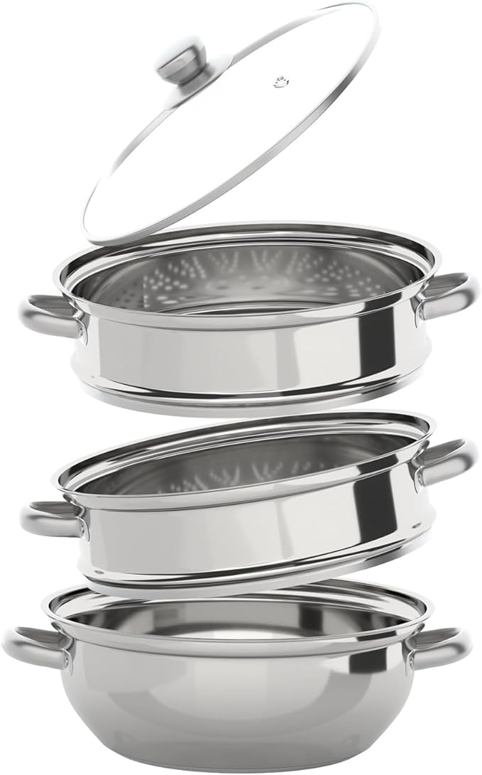 3 Tier Multipurpose Stainless Steel Steaming Pot Cookware, Food Cooking Pan, Cooker Steam Pot Food Cooking + Glass Lid, For Vegetable, Dumpling, Sauce, Encrypted Steaming Holes