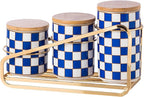 Kitchen countertop ceramic grid pattern airtight jar set - a set of 3 kitchen jars with layered shelves, sealed countertop flour and sugar containers, coffee and tea storage (Blue)