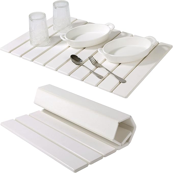 Large Stone Dish Drying Mat for Kitchen Counter – Foldable, Quick Dry, Ultra Absorbent Diatomaceous Earth Mat for Dishes, Bottles, Cups, Countertops & Bathroom, 24"×16" (White)