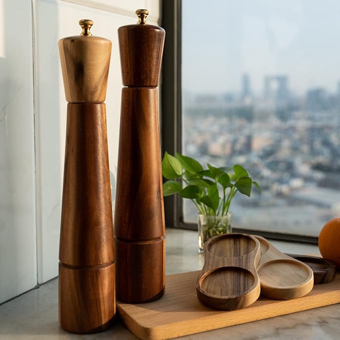 Salt and Pepper Grinder Set with Tray, Adjustable Ceramic Grinder Salt Mill, Stainless Steel Grinder Pepper Mill, Acacia Wood, 32 cm / 12 inch Height, Bottom Dia 6 cm (Tray is Included)