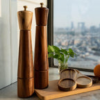 Salt and Pepper Grinder Set with Tray, Adjustable Ceramic Grinder Salt Mill, Stainless Steel Grinder Pepper Mill, Acacia Wood, 32 cm / 12 inch Height, Bottom Dia 6 cm (Tray is Included)