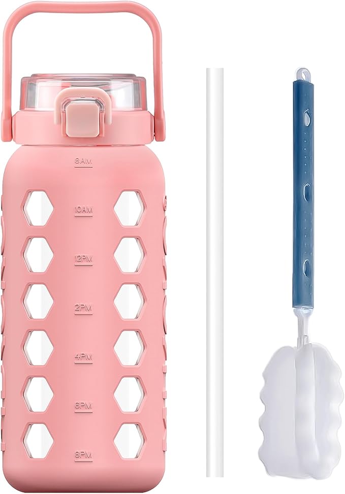 MUKOKO Half Gallon/64 oz Glass Water Bottles with Straw and Lid,Motivational Water Jug with Time Marker Reminder and Silicone Sleeve,100% Leakproof BPA Free Fitness Sports Large Bottle-Pink