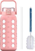 MUKOKO Half Gallon/64 oz Glass Water Bottles with Straw and Lid,Motivational Water Jug with Time Marker Reminder and Silicone Sleeve,100% Leakproof BPA Free Fitness Sports Large Bottle-Pink