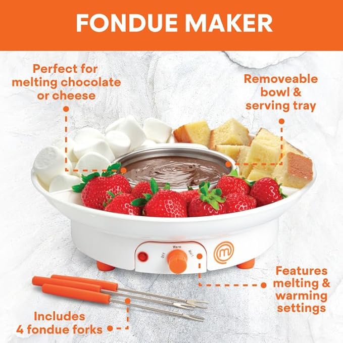 MasterChef Chocolate Fondue Maker- Xmas Party Must Have- Electric Dessert Fondue Pot Set w 4 Forks & Party Serving Tray- Melt, Warm Settings for Caramel, Cheese- Holiday Charcuterie Appetizers or Gift