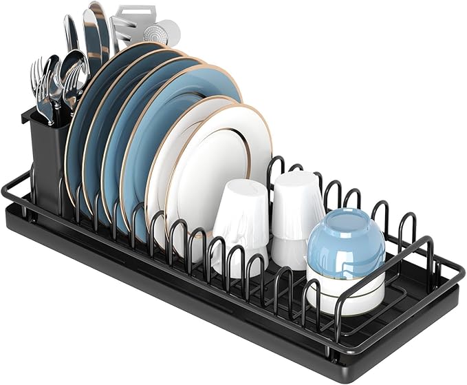 Compact Dish Rack Sink Drying Rack with Silicone Mat, Stainless Steel Dish Drainer for Kitchen Sink Cabinet, Kitchen Sink Rack,Dish Holder, Black