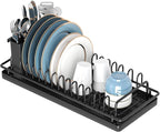 Compact Dish Rack Sink Drying Rack with Silicone Mat, Stainless Steel Dish Drainer for Kitchen Sink Cabinet, Kitchen Sink Rack,Dish Holder, Black