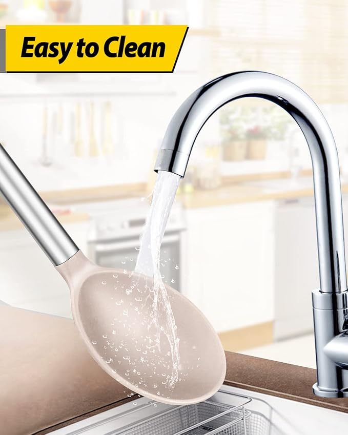 Pack of 2 Large Silicone Cooking Spoons,Non Stick Solid Basting Spoon,Heat-Resistant Kitchen Utensils for Mixing,Serving,Draining,Stirring (STAINLESS STEEL KHAKI)