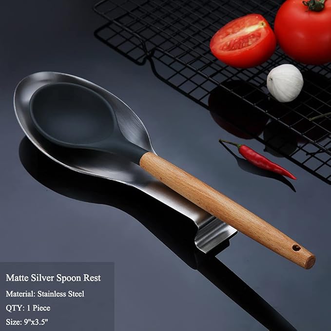 Matte Silver Spoon Rest, Stainless Steel Spoon Holder for Stove Top, kitchen utensils Holder for Ladles, Tongs, Spatula, Stove Spoon Holder, Pot Lid Holder, Dishwasher Safe (1PC-9.5 Inch)