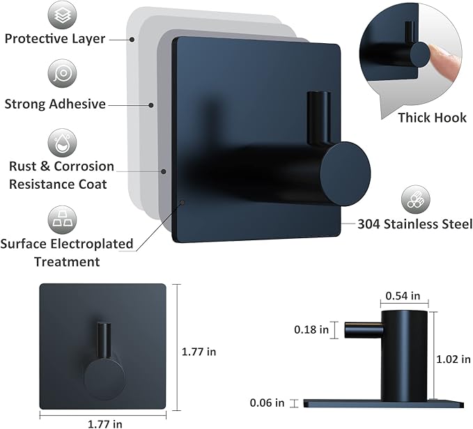 VIS'V Adhesive Towel Hooks, Waterproof Shower Wall Stick on Hooks, 2 Extra Adhesive Strips, Black, 4 Pcs