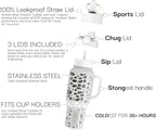 Coldest Tumbler with Handle and Straw, 100% Leak Proof Insulated Tumbler with Lid and Straw (3 Lids), Stainless Steel Tumblers for Women & Men, Cup Holder Friendly, 36 oz (Silver Leopard)