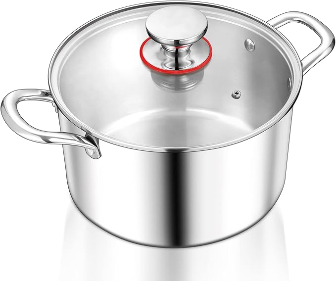 TeamFar 3.5 Quart Stock Pot, Tri-Ply Stainless Steel Pasta Cooking Pot with Lid, Tempered Glass Lid & Double Side Riveted Handles, Non-Toxic & Healthy, Heavy Duty & Dishwasher Safe