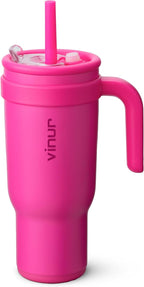 VINUR 40 oz Tumbler with Handle and Straw Lid-Reusable Stainless Steel Insulated Tumbler Cup for Water Coffee, Leakproof Travel Mug with Rubber Base (Rose Red)