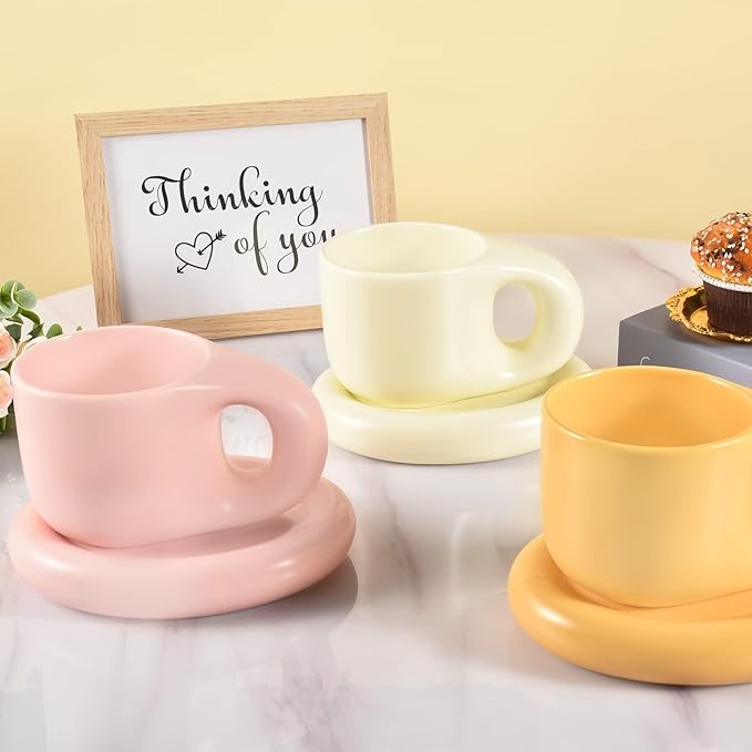 Koythin Ceramic Coffee Chubby Mug Saucer Set, Creative Cute Fat Handle Cup with Saucer for Office and Home, Dishwasher and Microwave Safe, 10 oz for Latte Tea Milk (Pink)