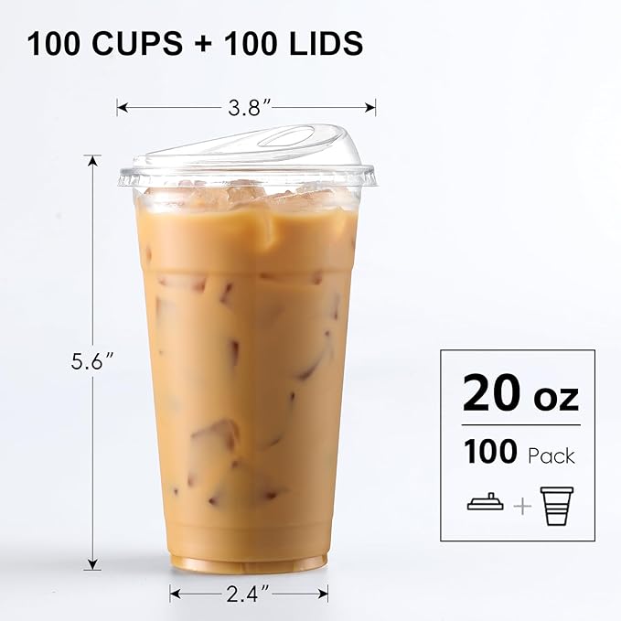 AOZITA 100 Pack 20 oz Plastic Cups With Strawless Sip-Lids, Iced Coffee Cups With Lid BPA Free, Disposable Clear Cup with Lid, To Go Cup for Smoothies, Party Drinks, Bubble Tea, Cold Beverage