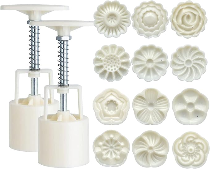 Moon Cake Mould Set,Includes12 pcs Sakura flower pattern base and 2 Pieces Bath Bombs Press,Mid Autumn Festival DIY Hand Press Cookie Stamps Pastry Tool Moon Cake Maker(50g) White L