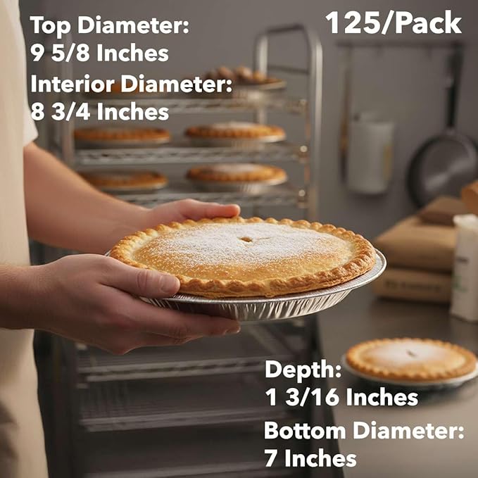 125-Pack 9 5/8" Foil Pie Pans - Deep 1 3/16" Disposable Aluminum Pie & Tart Pans with Full Curl Rim - For Commercial Baking, Batch Cooking, Freezer Storage & Retail Packaging