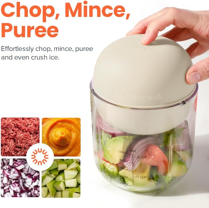 Choppi Cordless Electric Vegetable Chopper & Mini Food Processor for Dicing, Shredding, Mincing, and Puree, Portable and Rechargeable, 2-Cup, 500 mL, 4000 mAh Battery, Desert Sand