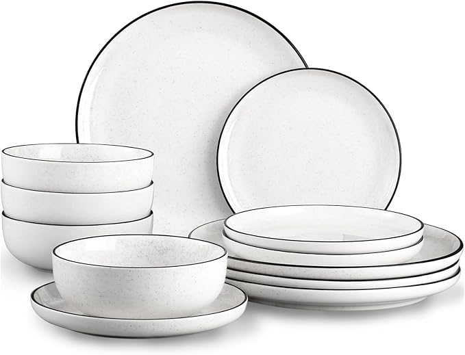 Plates and Bowls Sets for 4,12 Pieces Ceramic Dish set, White Dinnerware Set for Kitchen, Modern Design Plate Sets with Black Rim, Microwave and Dishwasher Safe