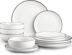 Plates and Bowls Sets for 4,12 Pieces Ceramic Dish set, White Dinnerware Set for Kitchen, Modern Design Plate Sets with Black Rim, Microwave and Dishwasher Safe