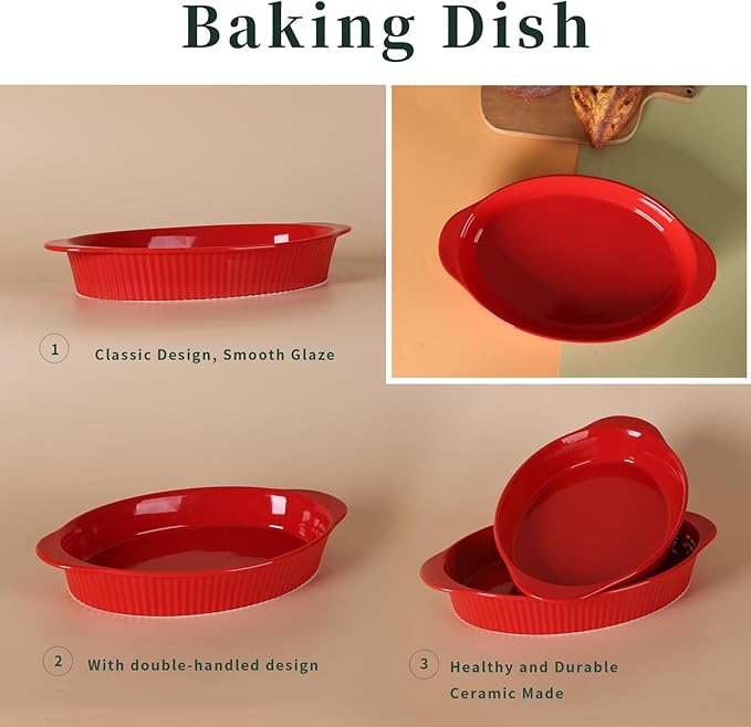 LEETOYI Porcelain 9x13 Large Oval Au Gratin Pans,Baking Dish for Servings, Bakeware with Double Handle for Kitchen and Home (Red)