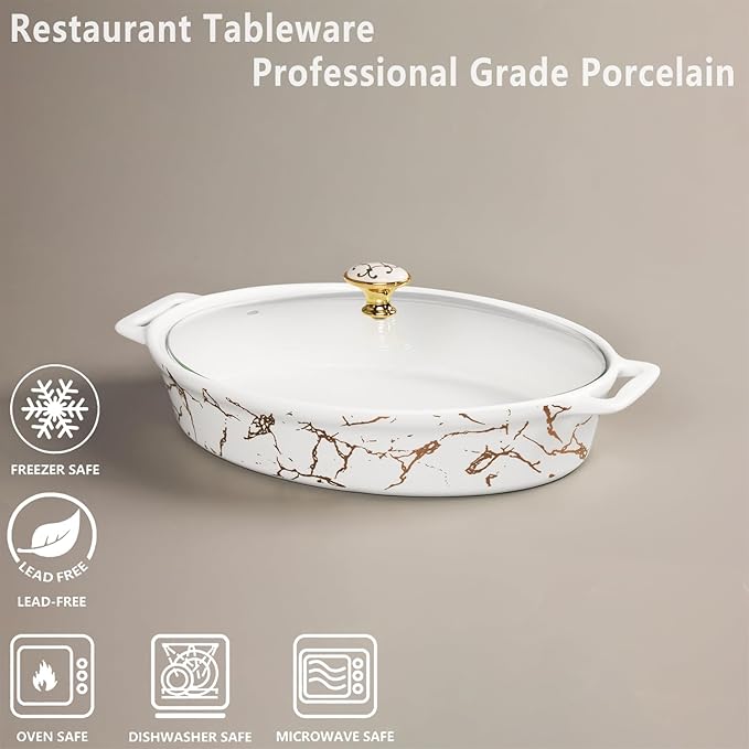 10" x 6" Ceramic Casserole Baking Dish With Glass cover, Lasagna Pan Deep for Oven, 34 ounce Baking Pan with Handles, Oven Safe & Durable Bakeware for Home Decor