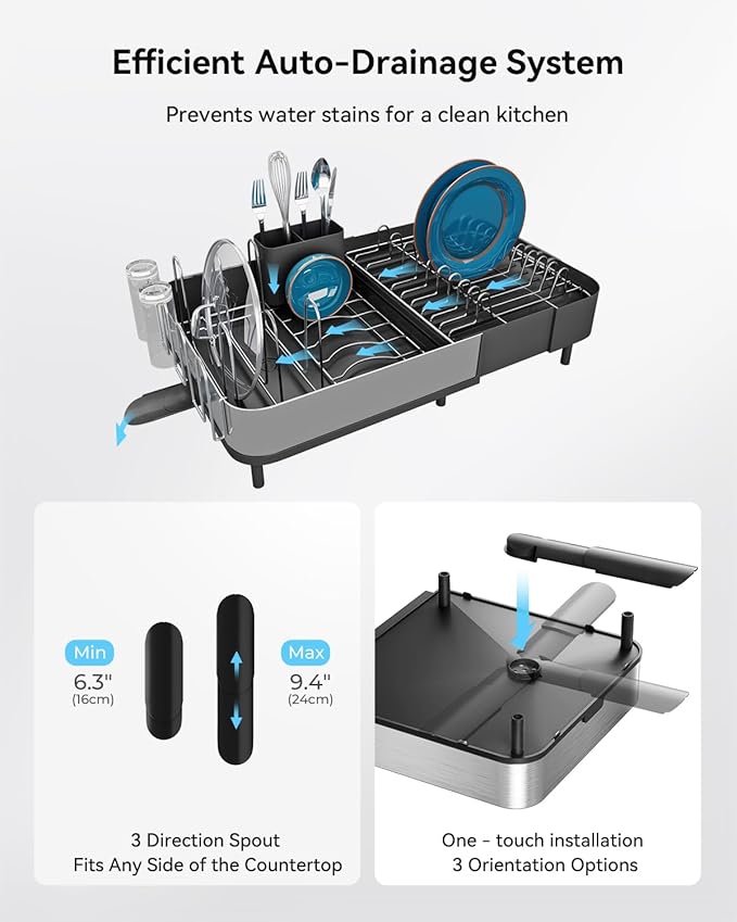 SUNLY Expandable Dish Drying Rack, Versatile Brackets for Pots & Pans, Space Saving Kitchen Drying Rack, Dish Racks for Kitchen Counter, Stainless Steel Dish Drainers with Extendable Spout, Black