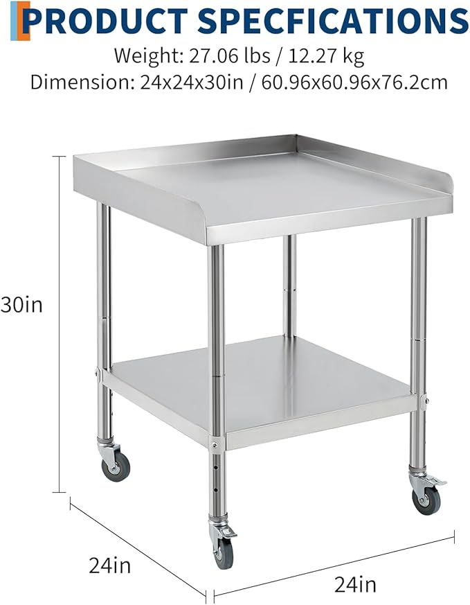 24x24x30 Inch Stainless Steel Equipment Grill Stand Table NSF Certified with 5" Wheels, 400 Lbs Capacity, 2" Edge Baffle, for Hotel, Home, Commercial Restaurant Kitchen