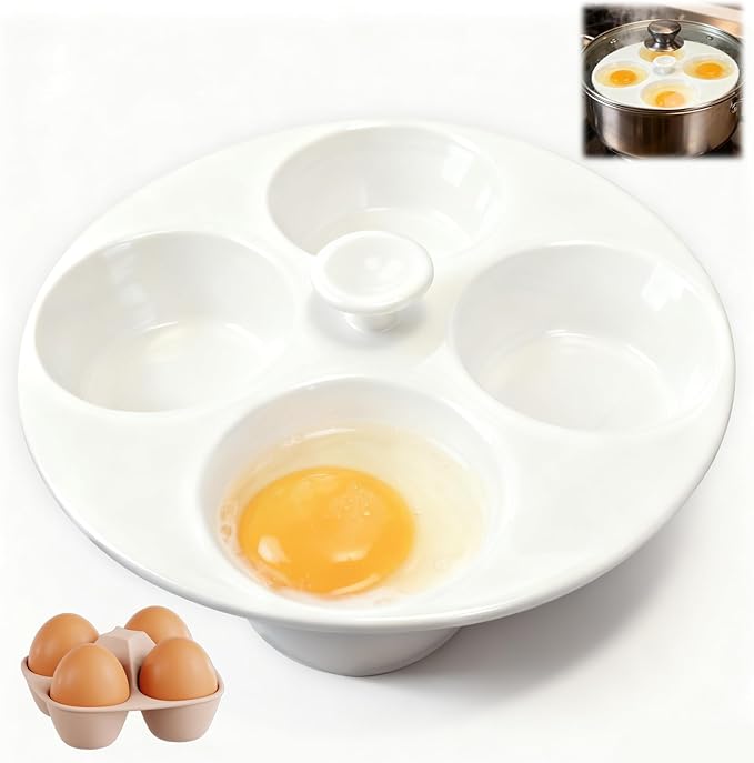 Ceramic Egg Poacher, 4-Cup Egg Poacher Pan Nonstick for Perfect Poached Eggs, Poached Egg Cooker Compatible with Most Pots, Stovetop Cooking, Easy-Clean Egg Cooker Poacher for Perfect Poached Eggs