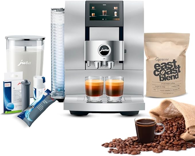 Jura Z10 Coffee Machine Aluminum White Bundle with Filter Cartridge Water Stabilizer, Milk System Cleaner Mini-Tabs, Cleaning Tablets, Milk Containers, and Blend Whole Bean Coffee (6 Items)