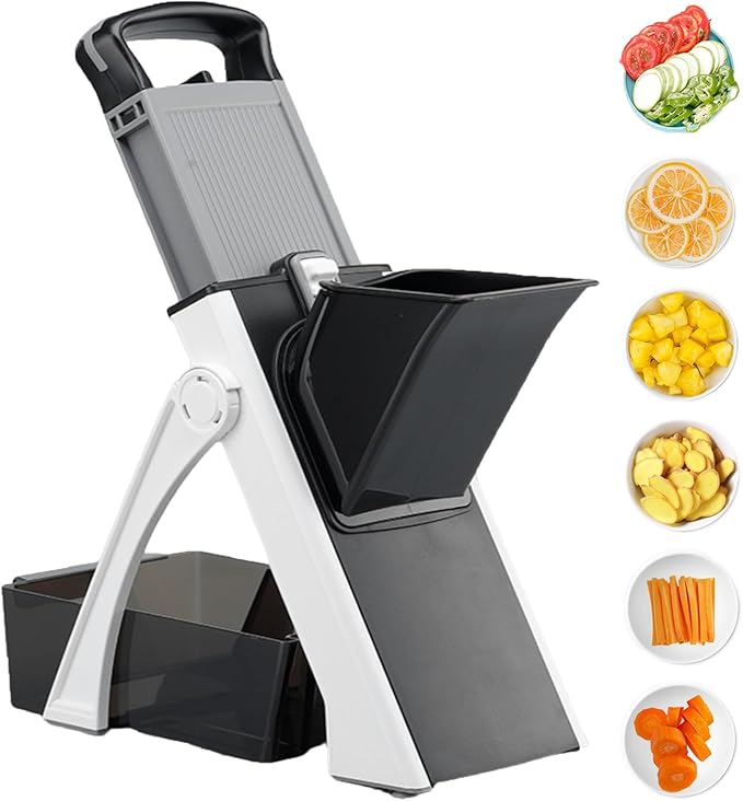 Upgrade Safe Mandoline Slicer for Kitchen, Adjustable Vegetable Chopper, Potato Slicer, French Fry Cutter, Mandoline Slicer for Kitchen (black and white)