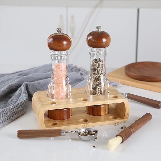 KKC HOME ACCENTS Wooden Salt and Pepper Grinder set with Spoons and Brush,Salt and Pepper Mill set,8 inch,Refillable Adjustable Coarseness Fine to Coarse