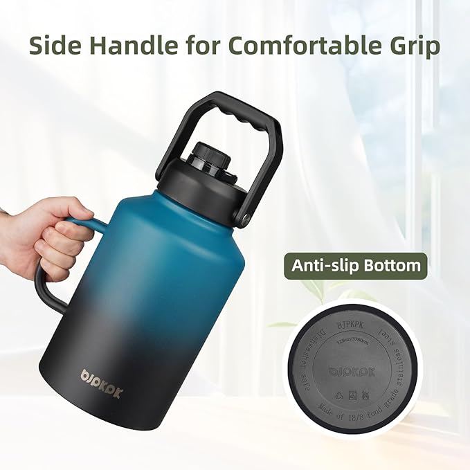 BJPKPK 1 Gallon Water Bottle with Handle, Large Dishwasher Safe 128oz Insulated Water Bottle, BPA Free Water Jug, Wide Mouth Metal Water Bottle with Anti-slip Bottom, Keep Cold & Hot,Army Green