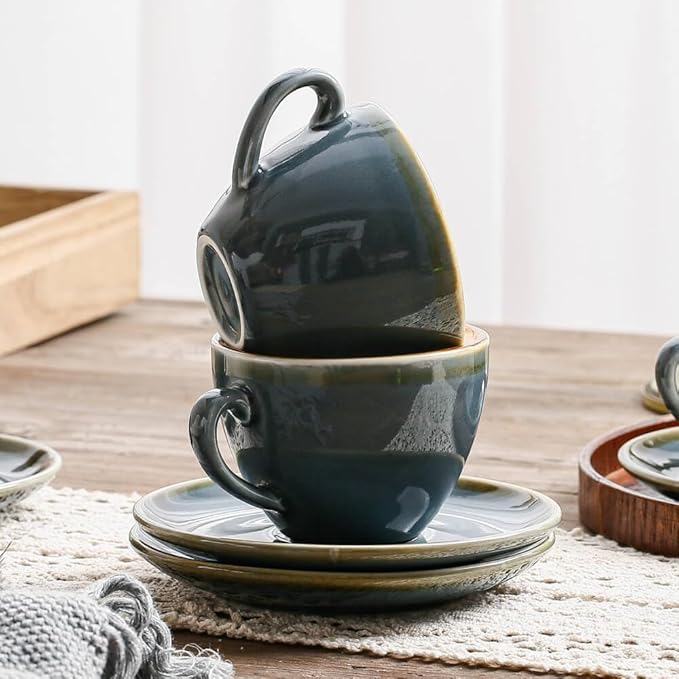 SHUER Ceramic Cappuccino Cup Set of 4, 7.8 OZ Cups and Saucers Set,Coffee Mocha Cup Sets,Black Coffee Cups and Glaze Americano Mugs Great for Party and Low Tea Time (Blue 220ml)