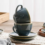 SHUER Ceramic Cappuccino Cup Set of 4, 7.8 OZ Cups and Saucers Set,Coffee Mocha Cup Sets,Black Coffee Cups and Glaze Americano Mugs Great for Party and Low Tea Time (Blue 220ml)