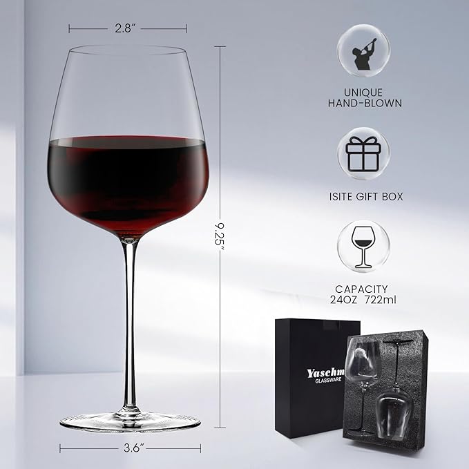 Red Wine Glasses Set of 2, 24oz Large Wine Glasses, Hand Blown Crystal, Ultra-Thin Rim, Long Stem, Lightweight, Ideal for Wine Tasting, Unique Wedding, Anniversary, Christmas, Birthday Gift